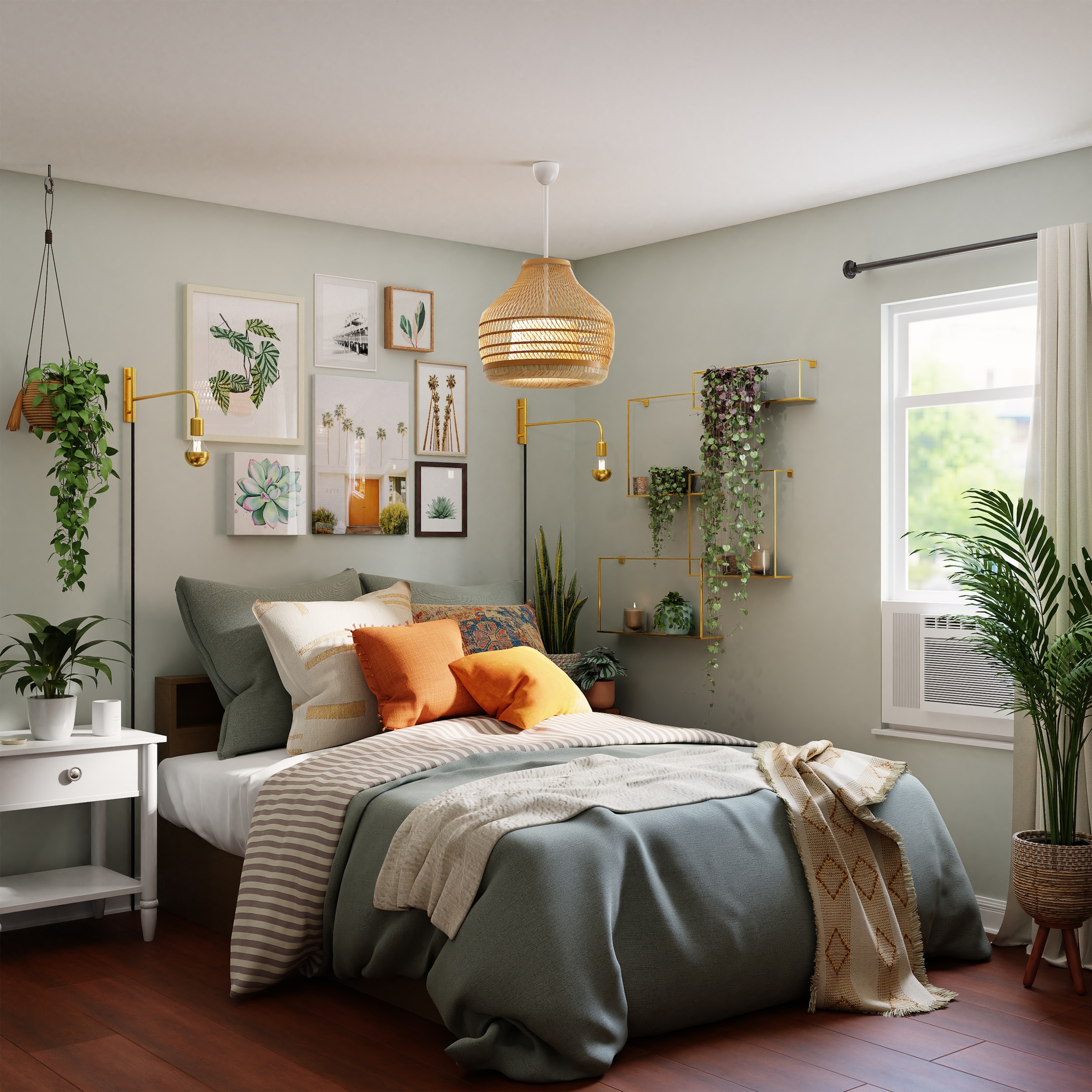 Bedroom with plants and shop lights